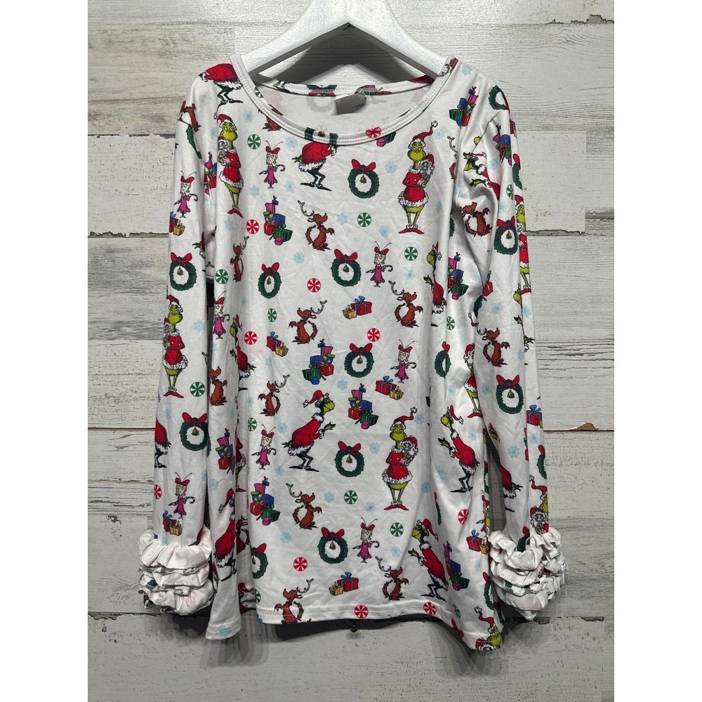 Boutique Grinch Long Sleeve Top Girls 10/12 White Christmas Ruffle EUC